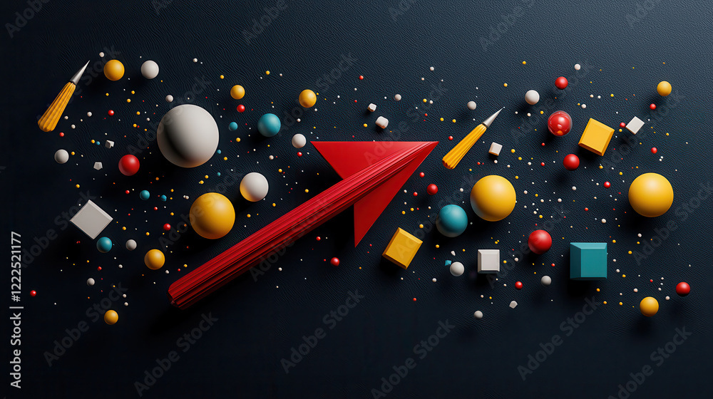 Poster colorful geometric shapes and objects arranged artistically on dark background, featuring red arrows