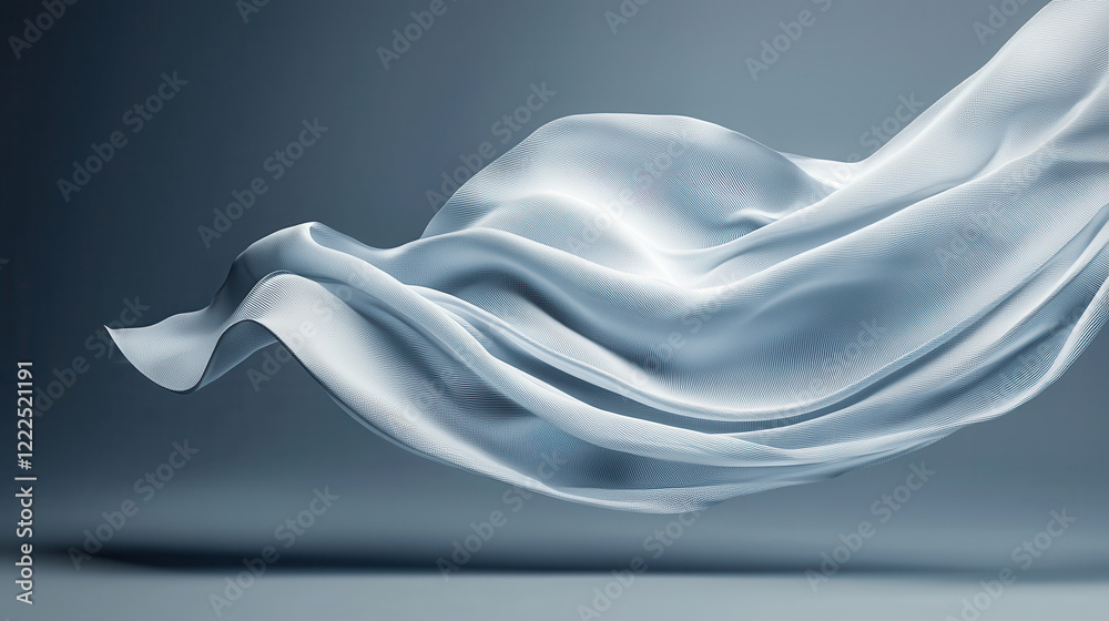 Poster flowing white fabric creates sense of elegance and movement against soft gray background, evoking fe
