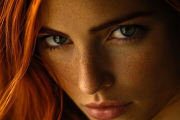 Fototapeta premium Close-up portrait of a person with vibrant red hair and striking blue-green eyes under soft natural light showcasing facial features and freckles