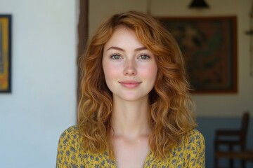 Fototapeta premium Young woman with wavy red hair smiling warmly indoors in a cozy environment with natural lighting