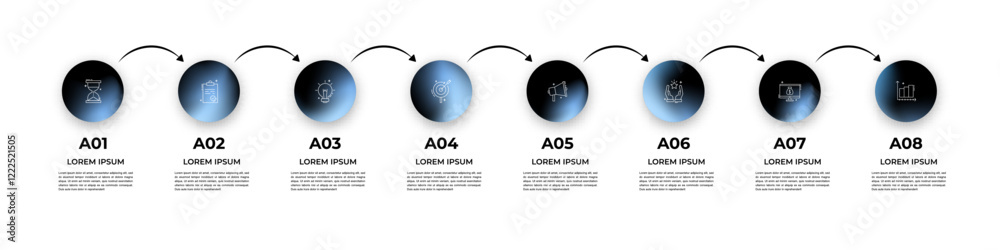 Poster modern business infographic with gradient circular icons – 8 steps workflow template with arrows