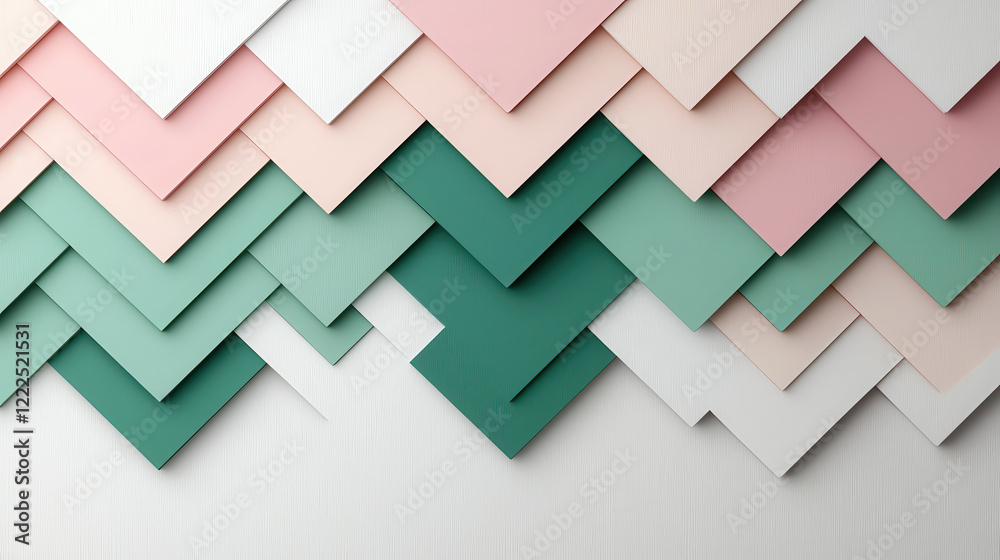 Poster Geometric chevron pattern in pastel colors, featuring layered shapes and textures. This design adds modern touch to any space, creating visually appealing backdrop