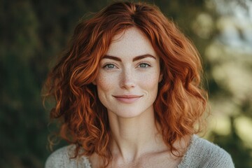 Fototapeta premium Young woman with curly red hair smiling outdoors in a natural setting during daylight hours