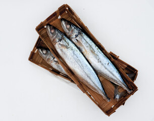 Pindang basket fish, Indonesian fish called ikan pindang or ikan keranjang in a bamboo basket isolated on white with copy space. Clipping path. Cooking content