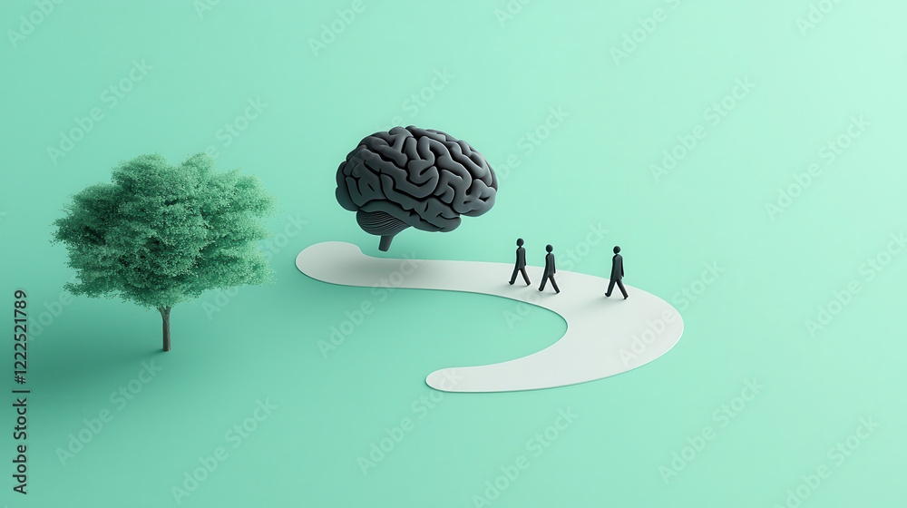 Poster conceptual illustration depicting pathway leading to large brain, symbolizing journey of knowledge and learning. scene includes tree and two figures walking, representing growth and exploration
