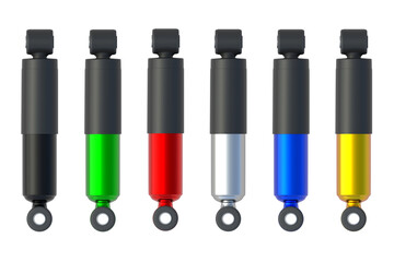 Set of colorful shock absorbers for car or moto isolated on white background. Automotive spare parts. 3d render