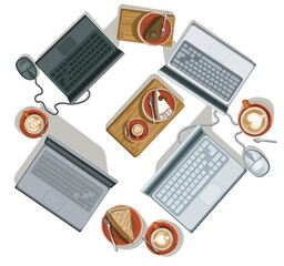 top view notebooks four in circle work together meeting in cafe  computer isolated working writing on it isolated on white background