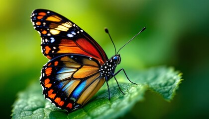Fototapeta premium Vibrant butterfly with intricate wing patterns resting gently on a green leaf