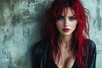 Portrait of a woman with vibrant red hair against an urban backdrop in soft natural lighting