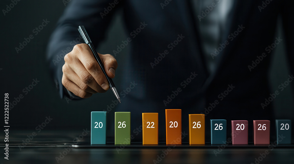 Poster business professional analyzing data with colorful bar graphs, showcasing growth and trends. hand ho