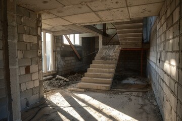 Sunlight illuminating unfinished concrete staircase in building under construction