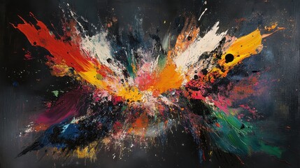 Fototapeta premium Abstract Expressionism Painting with Vibrant Color Splatters on Black Canvas, Dynamic Art.