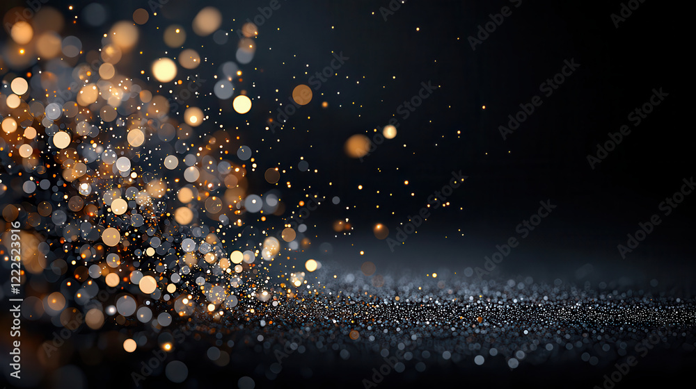 Poster beautiful display of shimmering bokeh lights against dark background, creating magical and festive atmosphere. soft focus adds depth and elegance to scene