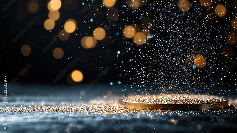 Fototapete close up of shimmering particles and circular object on reflective surface, creating magical atmosphere with bokeh lights in background