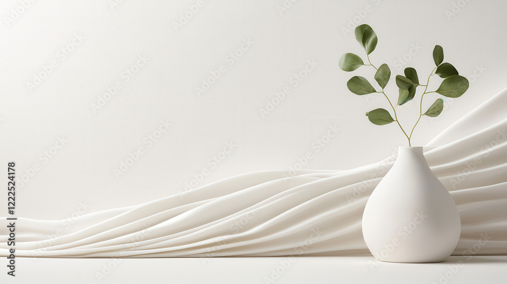 Fototapete minimalist white vase with green leaves against soft white background, creating serene and elegant a