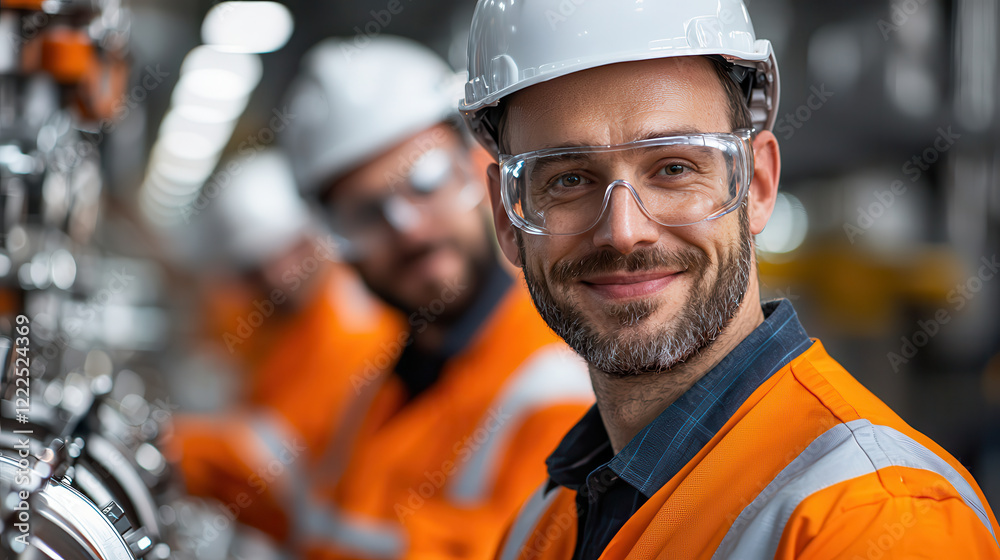 Aufkleber smiling man in safety gear works in factory setting, showcasing teamwork and professionalism. enviro
