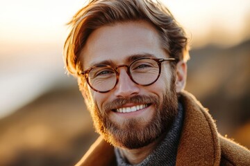 Smiling man with glasses enjoys sunset by the beach in a warm coat with golden sunlight in the background