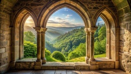 Fototapeta premium Serene Vista Through Ancient Stone Arches A Breathtaking Panoramic View of Verdant Hills and Sunlight