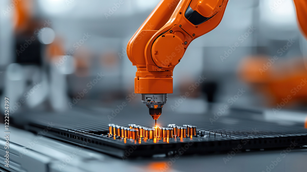 Fototapete Automated industrial robotic arm performing precision tasks on metal components, showcasing advanced technology and efficiency in manufacturing processes