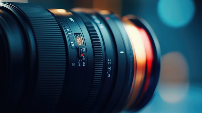 Close-up of a camera lens with a blurred colorful background, highlighting the precision and beauty of modern photography equipment