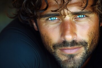Fototapeta premium Bright blue eyes and sun-kissed skin highlight the rugged charm of a smiling man in a casual outdoor setting