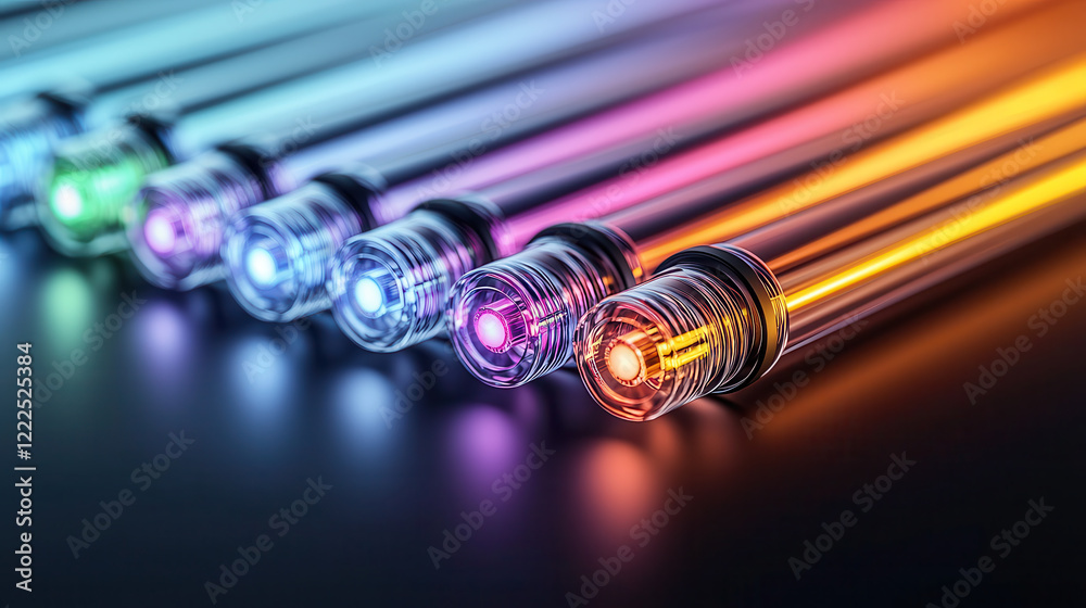 Aufkleber vibrant close up of colorful glowing tubes with sleek design, showcasing spectrum of light. illumina