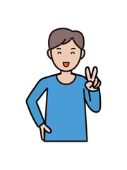 笑顔でピースをする若い男性の上半身イラスト