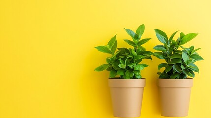 Fototapeta premium Lush Green Plants in Simple Pots Against Bright Yellow Background