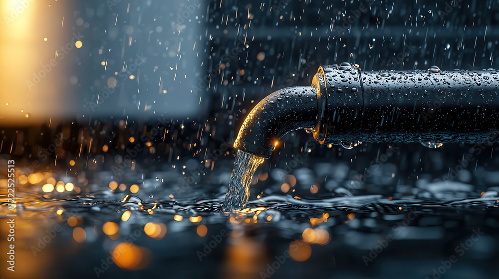 Aufkleber water jetting from pipe creates mesmerizing display of droplets and reflections. scene captures beau
