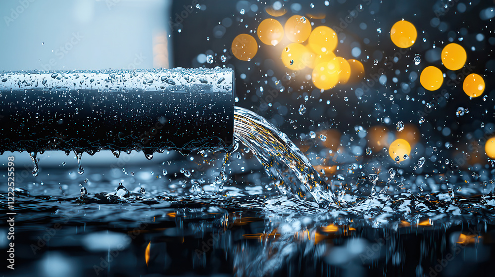 Poster Water flows from metallic pipe, creating splashes and droplets in reflective surface, with blurred background of warm bokeh lights, evoking sense of tranquility and motion