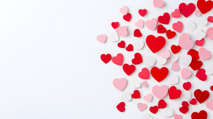 Red and pink confetti top view background. Paper cut decorations for Valentine's day design