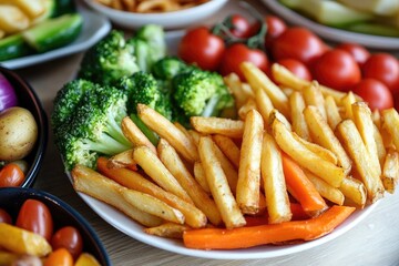 A bright vegetable platter side - by - side with greasy fries