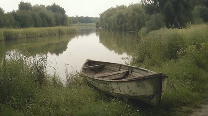 Fototapeta premium Serene River Landscape with Old Rowboat