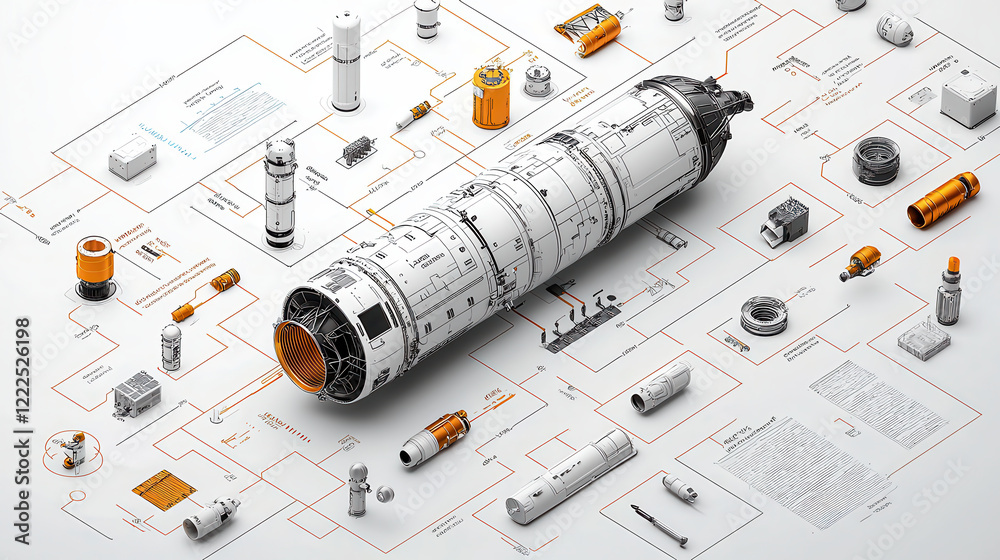 Leinwandbilder highly detailed technical illustration of rocket engine with various components and schematics, showcasing intricate designs and engineering elements