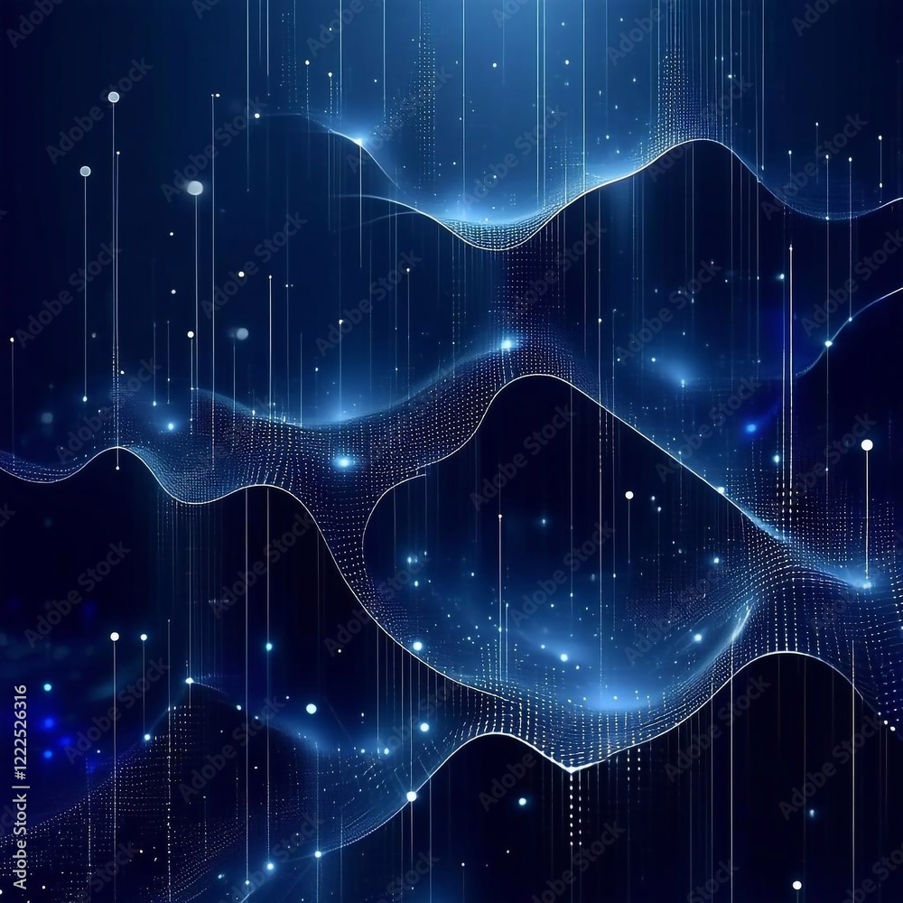 Wall mural futuristic abstract background, waves of dots on dark blue background, vector illustration. database