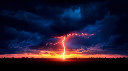 Dramatic Lightning Strike Illuminates Dark Stormy Sky at Sunset