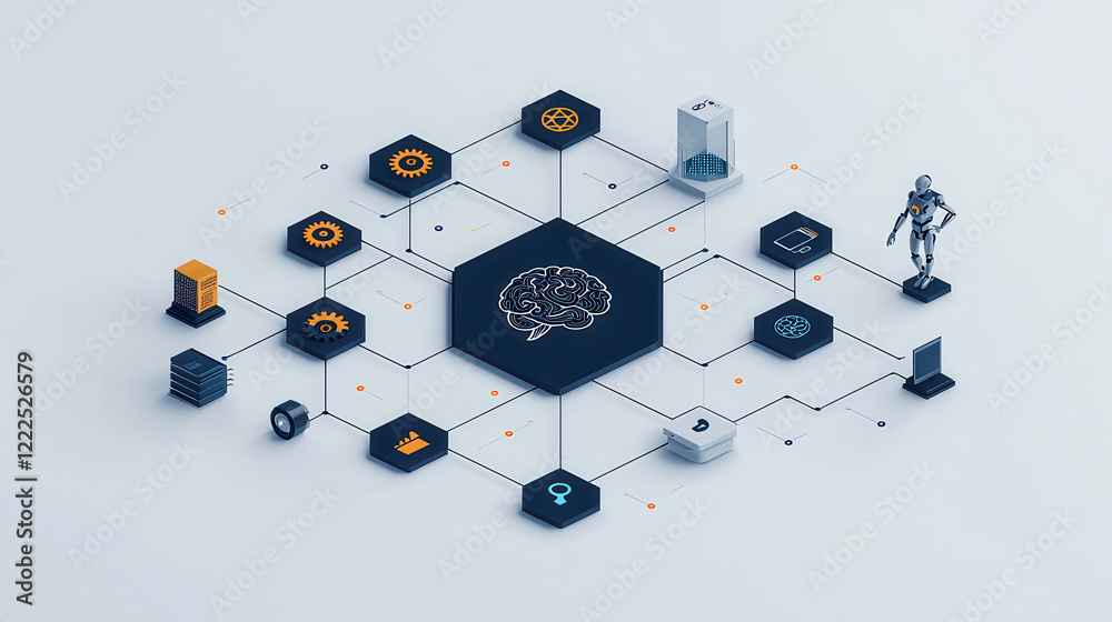 Poster minimalist style image depicting brain at center, connected to various icons representing technology, automation, and data analysis. design conveys innovation and intelligence