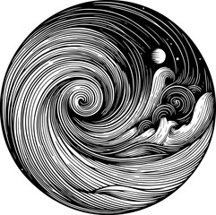 Black and white, stylized illustration of a swirling wave is contained within a circular frame. The style is reminiscent of woodcut or linocut prints, with intricate line work 