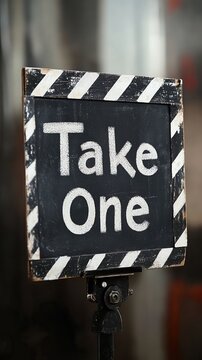  Classic film clapperboard with "Take One" written on a black and white striped slate, symbolizing filmmaking, creativity, and the start of a cinematic scene.