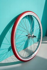 Bicycle Wheel with Red Tire and Silver Spokes on Teal Background – Pop Art Style Minimalist...