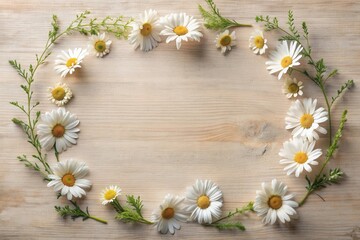 Obraz premium A delicate arrangement of daisies and greenery forms a charming frame on a light wood surface, ideal for various design purposes.