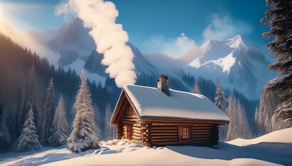 新雪に囲まれ、煙突から煙が立ち上る山間の小屋
