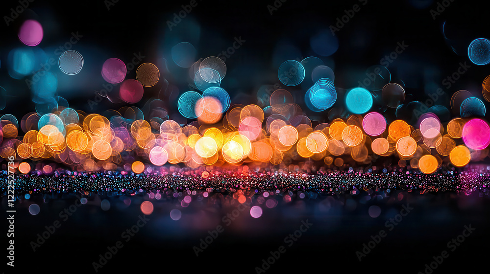 Poster Abstract image of blurred lights in various colors creating vibrant atmosphere. bokeh effect enhances visual appeal, evoking sense of wonder and excitement