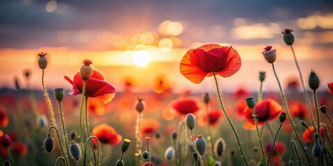 Fototapeta premium Sunset paints a simple poppy field. Red blooms dominate a minimalist landscape.
