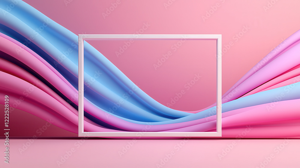 Poster flowing pastel wave background with white frame in center creates vibrant and artistic display. soft curves evoke sense of calm and creativity