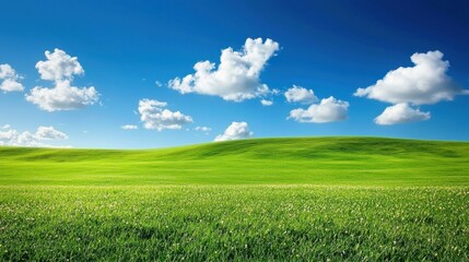 Obraz premium Lush Green Field Under Bright Blue Sky with Fluffy Clouds