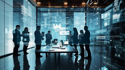 Group of professionals discussing data analytics in a modern office with digital displays