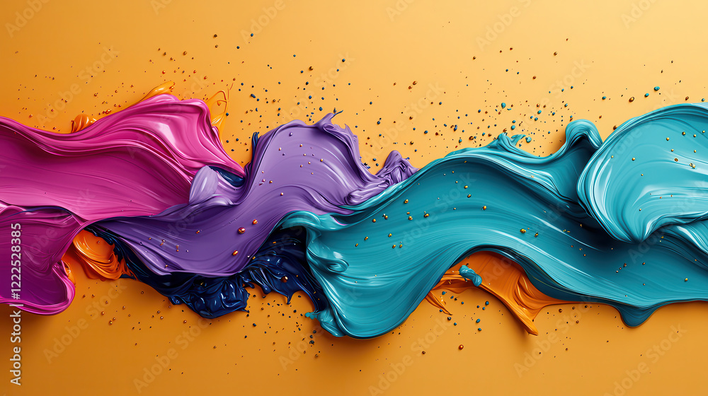 Leinwandbilder vibrant abstract painting with colorful paint swirls and splashes on golden background. dynamic move