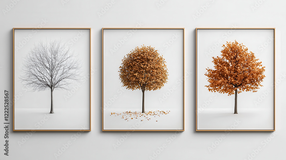 Aufkleber minimalist artwork featuring three framed trees representing different seasons bare tree, tree with 