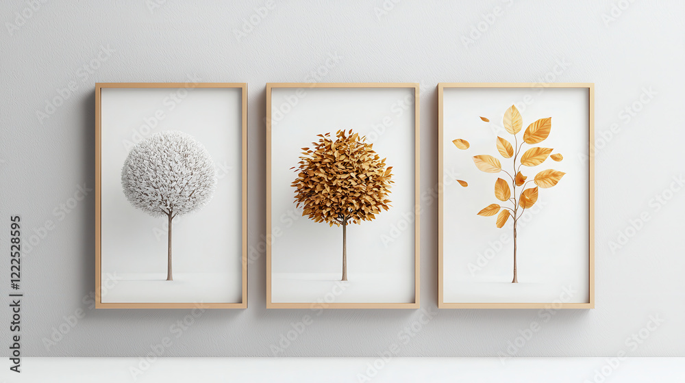 Aufkleber artistic illustration featuring three framed trees with different foliage styles. first tree has whi